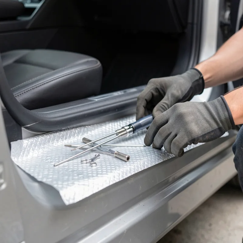 Technicien en serrurerie automobile installant son outillage près d&rsquo;une portière de voiture