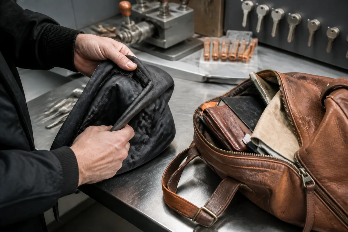 Poche de veste retournée et sac ouvert lors de la recherche d&rsquo;une clé perdue