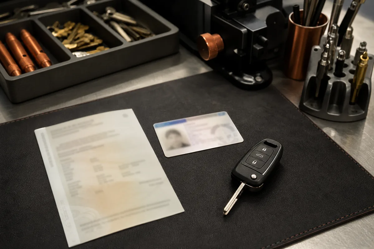 Carte grise, pièce d&rsquo;identité et clé posées sur une table pour constituer un dossier