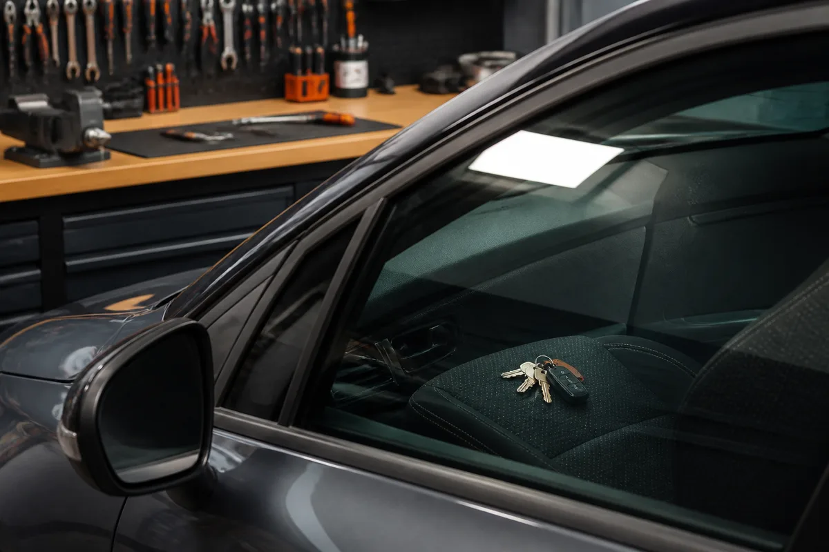 Trousseau de clés visible sur le siège d’une voiture verrouillée