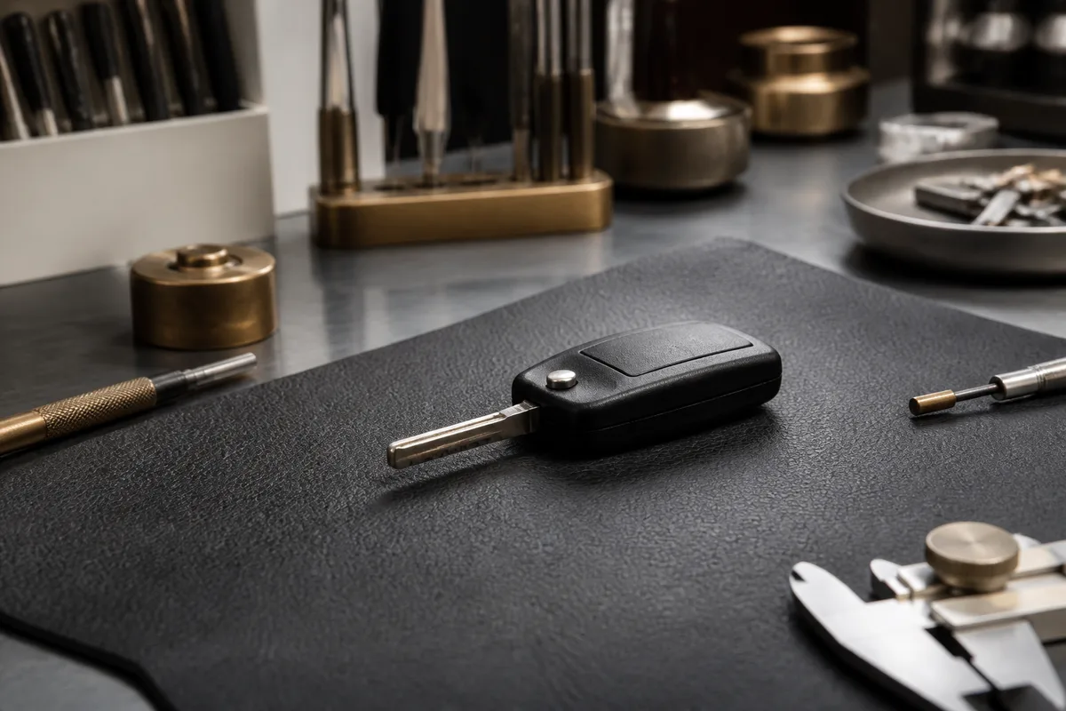 Clé de voiture à télécommande ouverte sur un plan de travail, boîtier séparé de sa lame métallique
