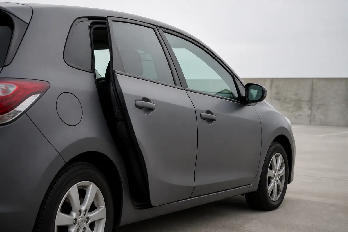 Automobiliste au téléphone à côté de son véhicule fermé sur un parking