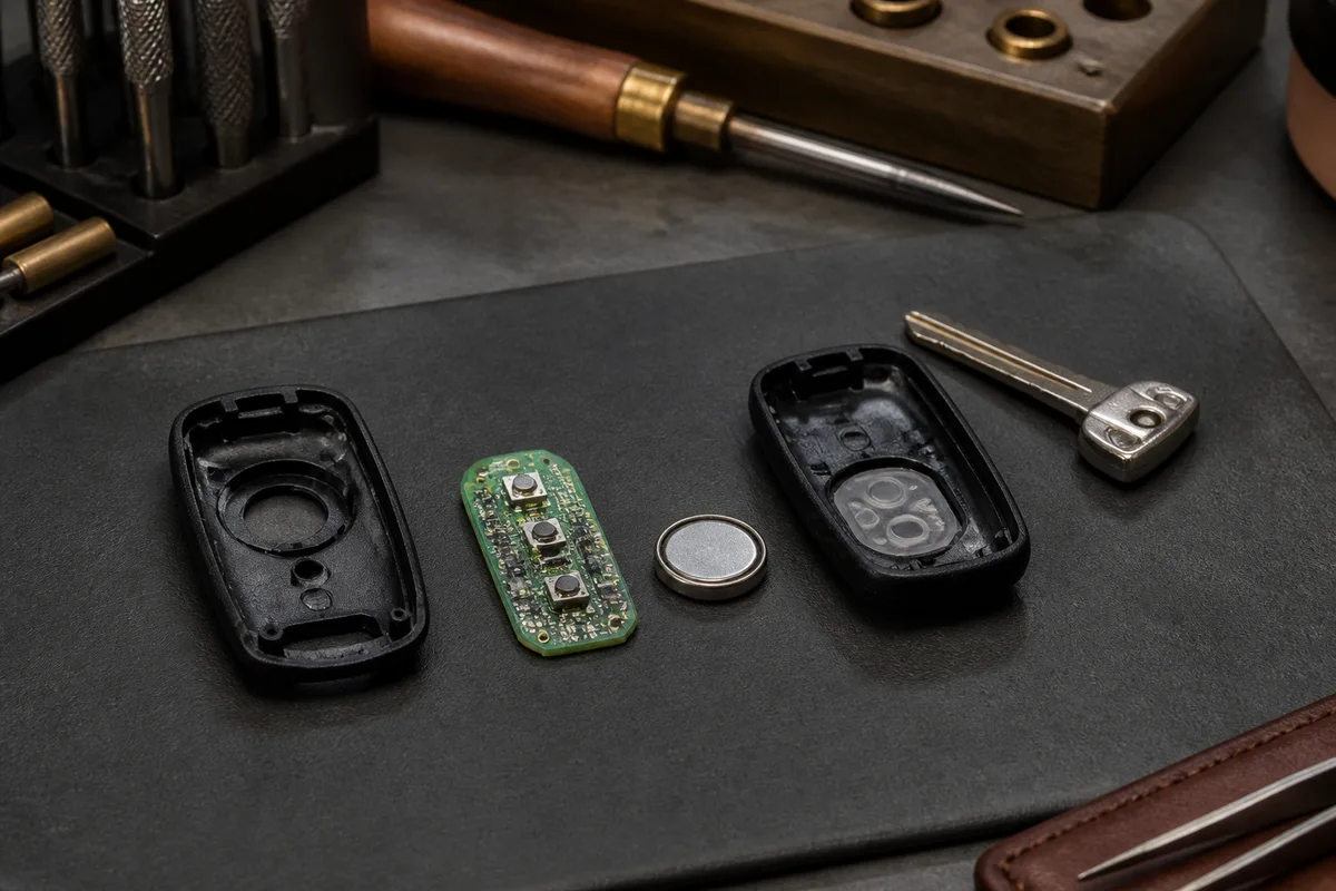 Clé de voiture démontée sur un plan de travail, coque, circuit et pile bouton séparés