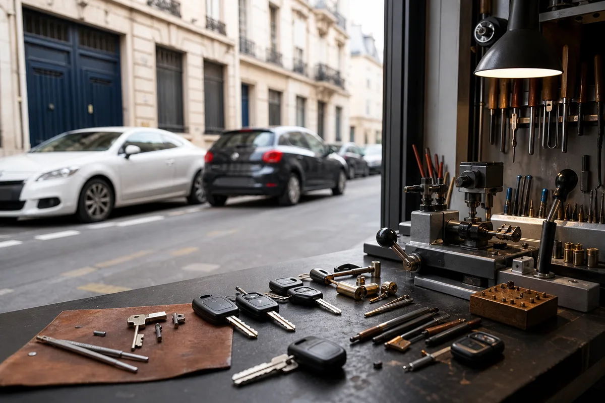 Rue urbaine avec véhicules stationnés, contexte de recherche d’un dépannage