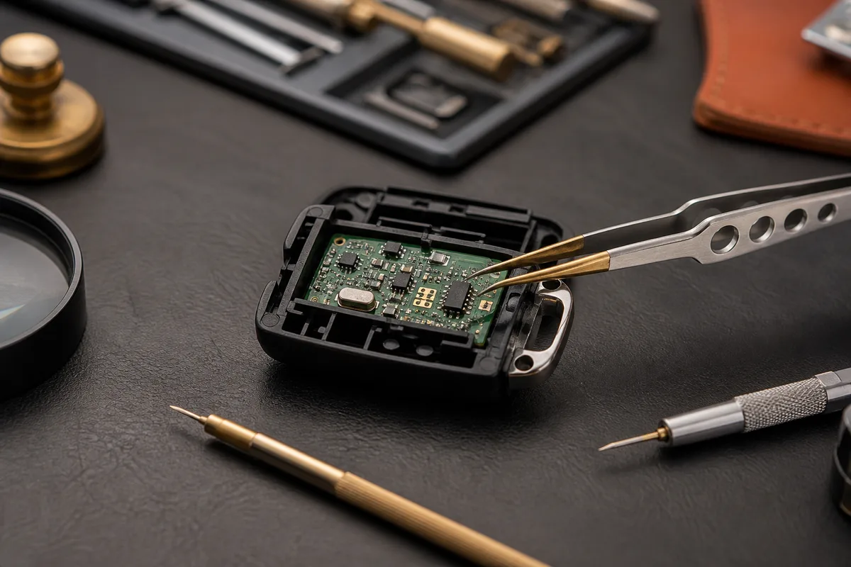 Circuit imprimé de télécommande automobile en cours de réparation
